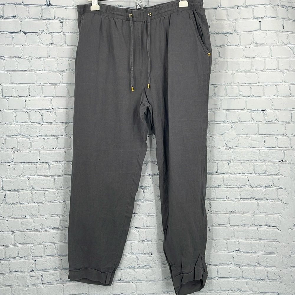 Ellen Tracy 100% Linen Quiet Luxury Comfy Stretchy Waistband Grey Jogger Pants